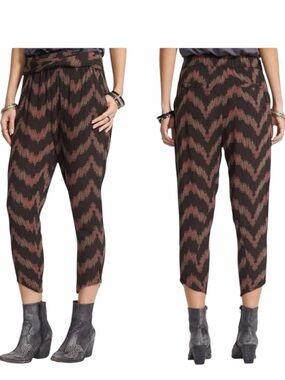 Free People Got Me Twisted Chevron Ikat Harem Pants Brown Rayon XS Boho Slouchy